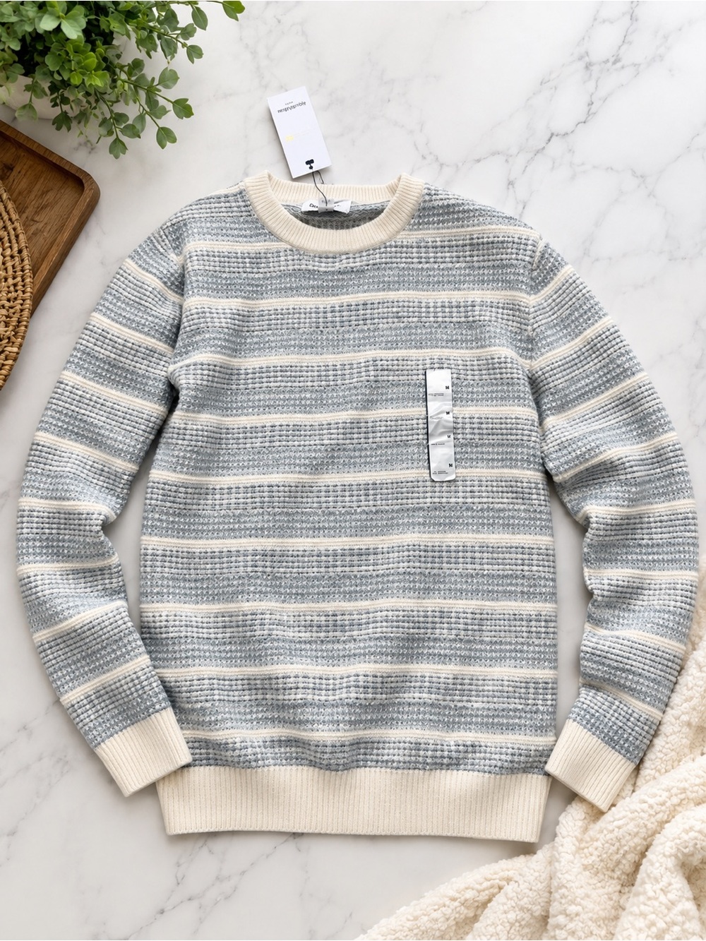 Classic Striped Crewneck Sweater in Light Blue and Cream